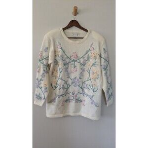 Vintage Casual Corner Sweater Cottagecore Angora Wool Floral Embroidered Cream S
